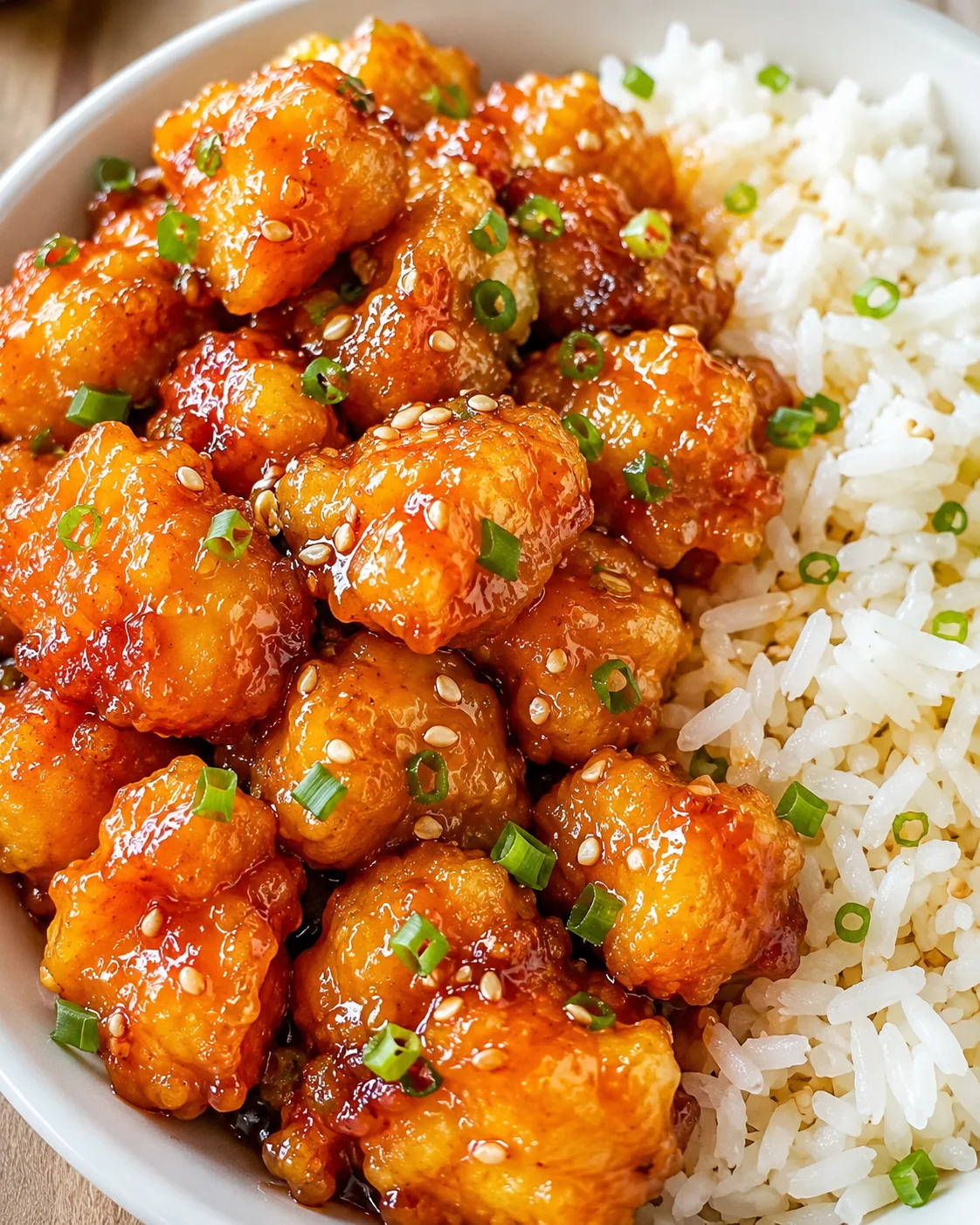 Delicious orange chicken bites coated in a sticky orange marmalade sauce with rice