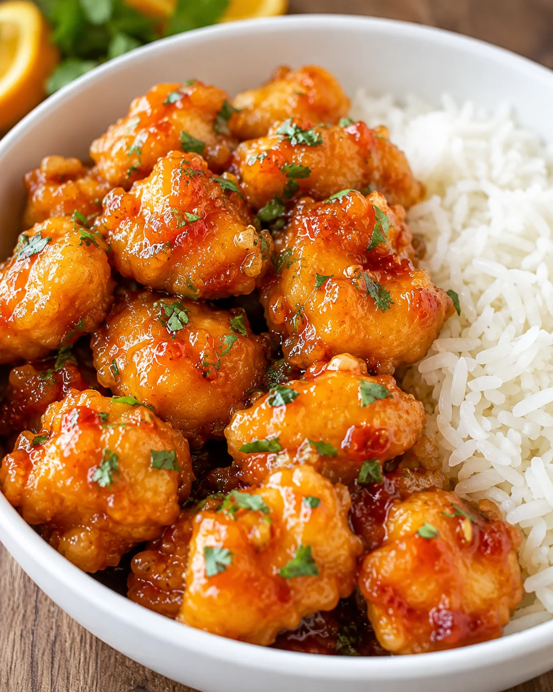 Crispy orange chicken bites coated in a glossy orange marmalade sauce served with rice