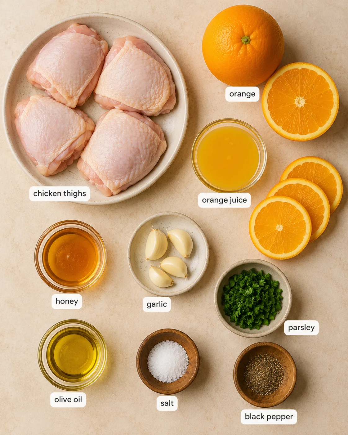 Raw chicken thighs with fresh oranges, garlic, honey, and orange juice.
