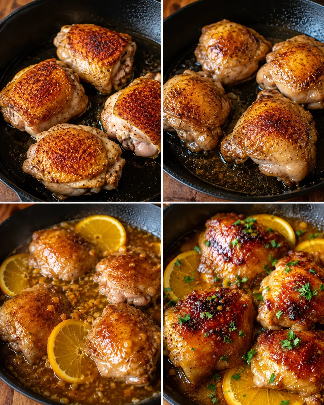 Step-by-step images of searing, glazing, and finishing orange chicken thighs in a pan