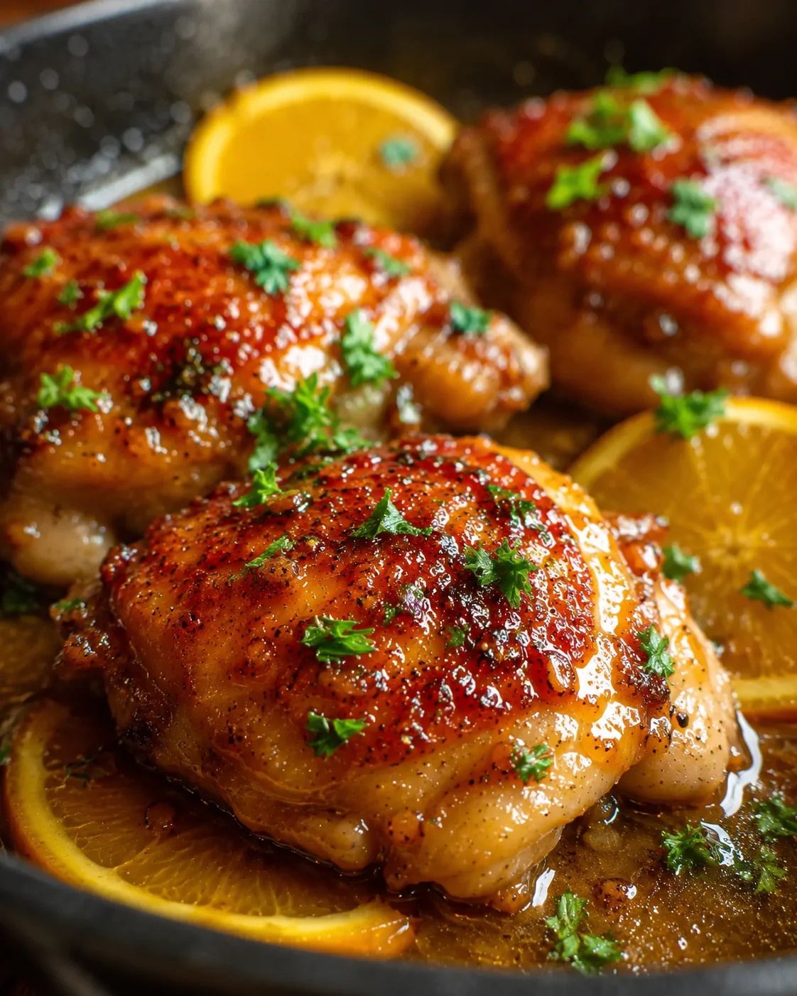 Juicy, glazed chicken thighs with vibrant orange sauce and fresh herbs.