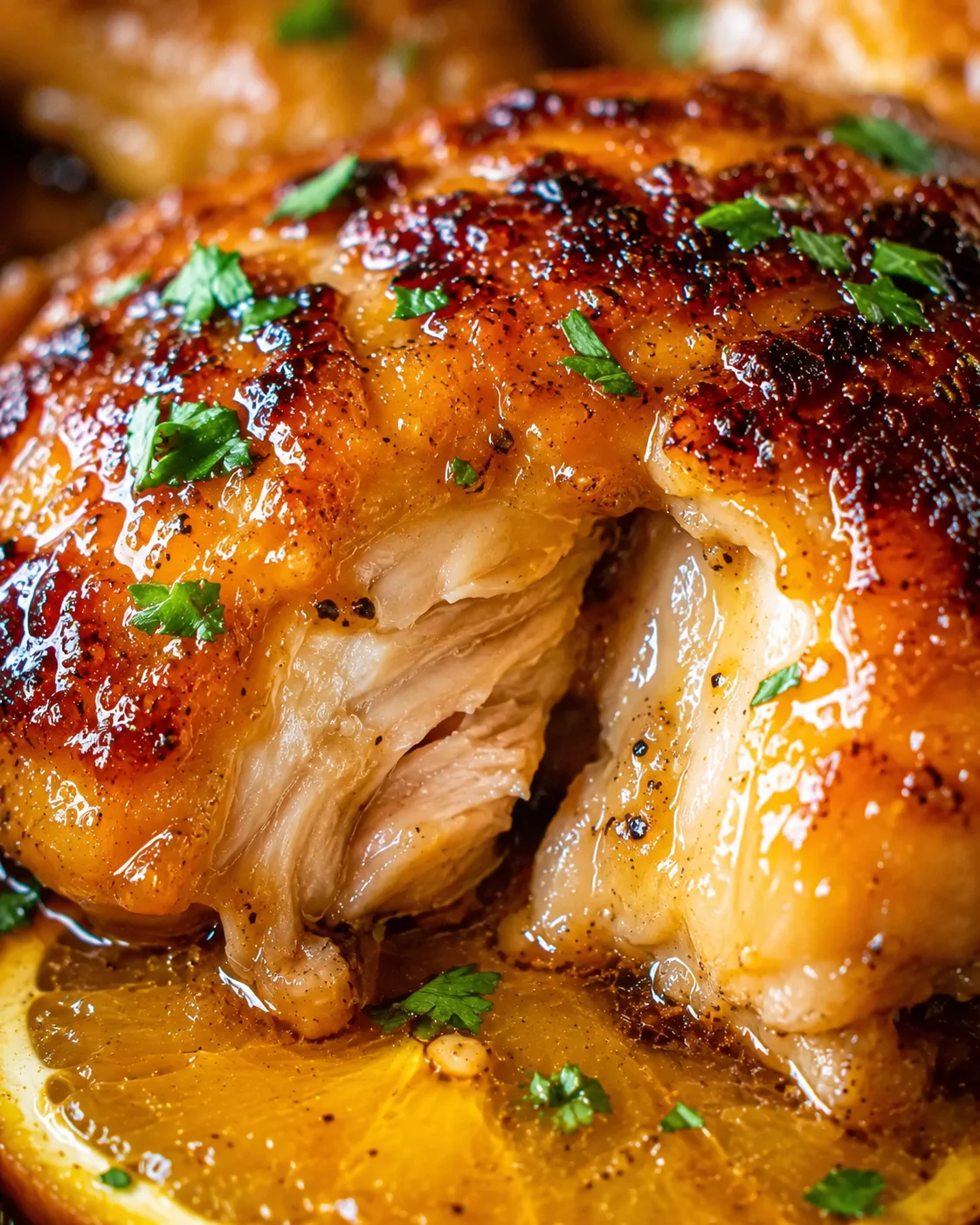 Juicy, glazed chicken thighs with crispy skin and bright orange sauce