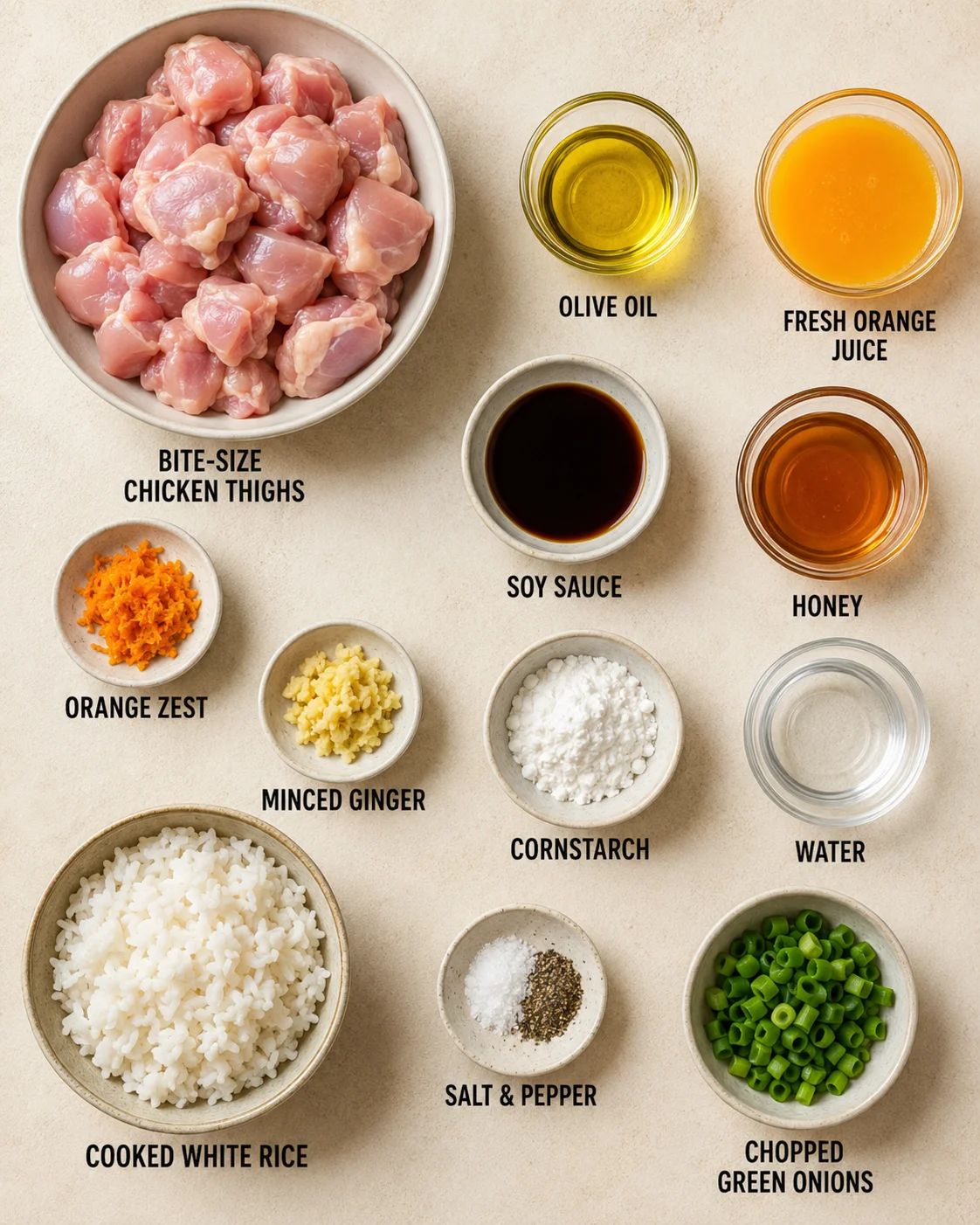 Ingredients for sticky orange chicken with chicken thighs, orange juice, and soy sauce.