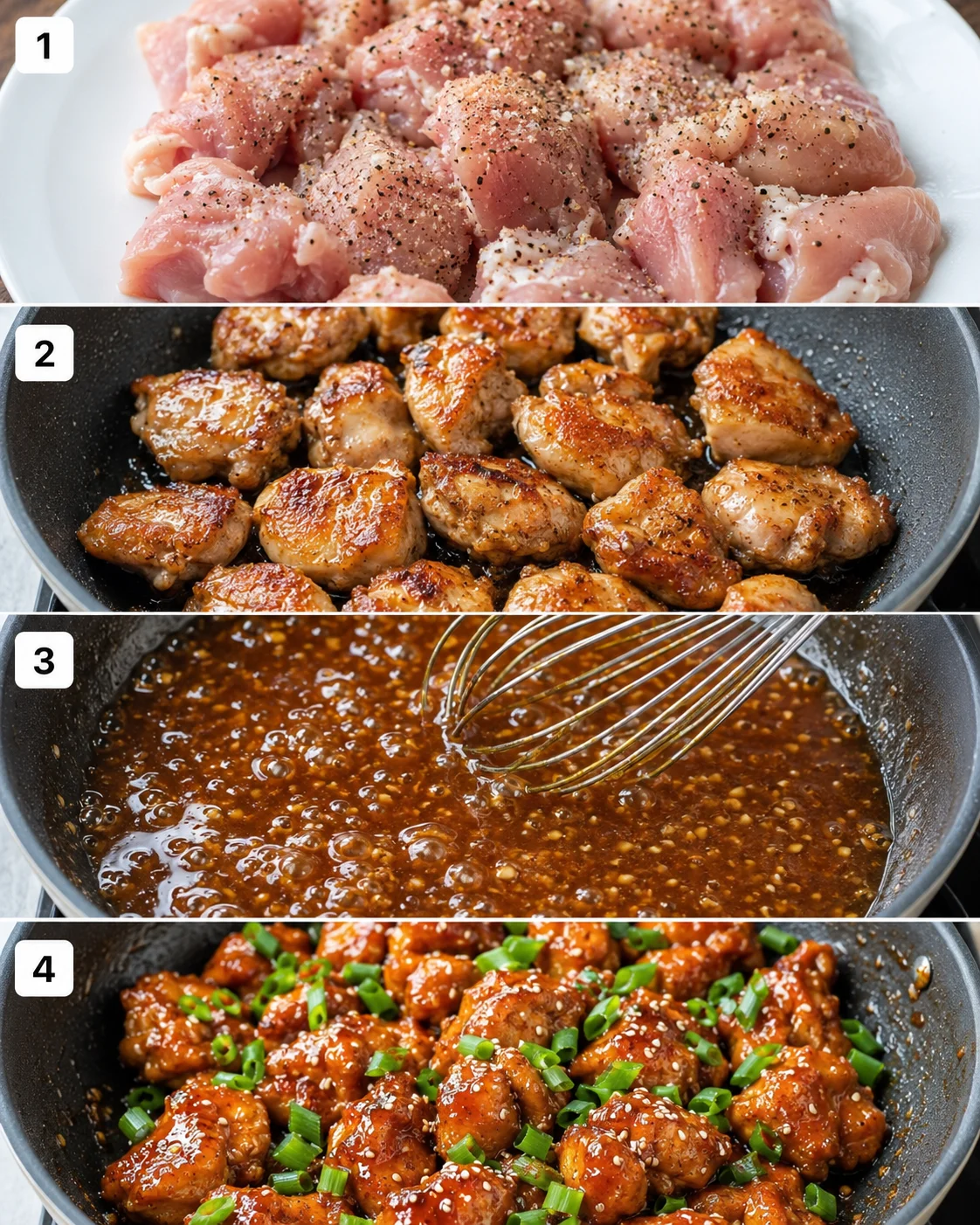 Sequence of images showing chicken preparation, cooking, sauce glazing, and garnishing.