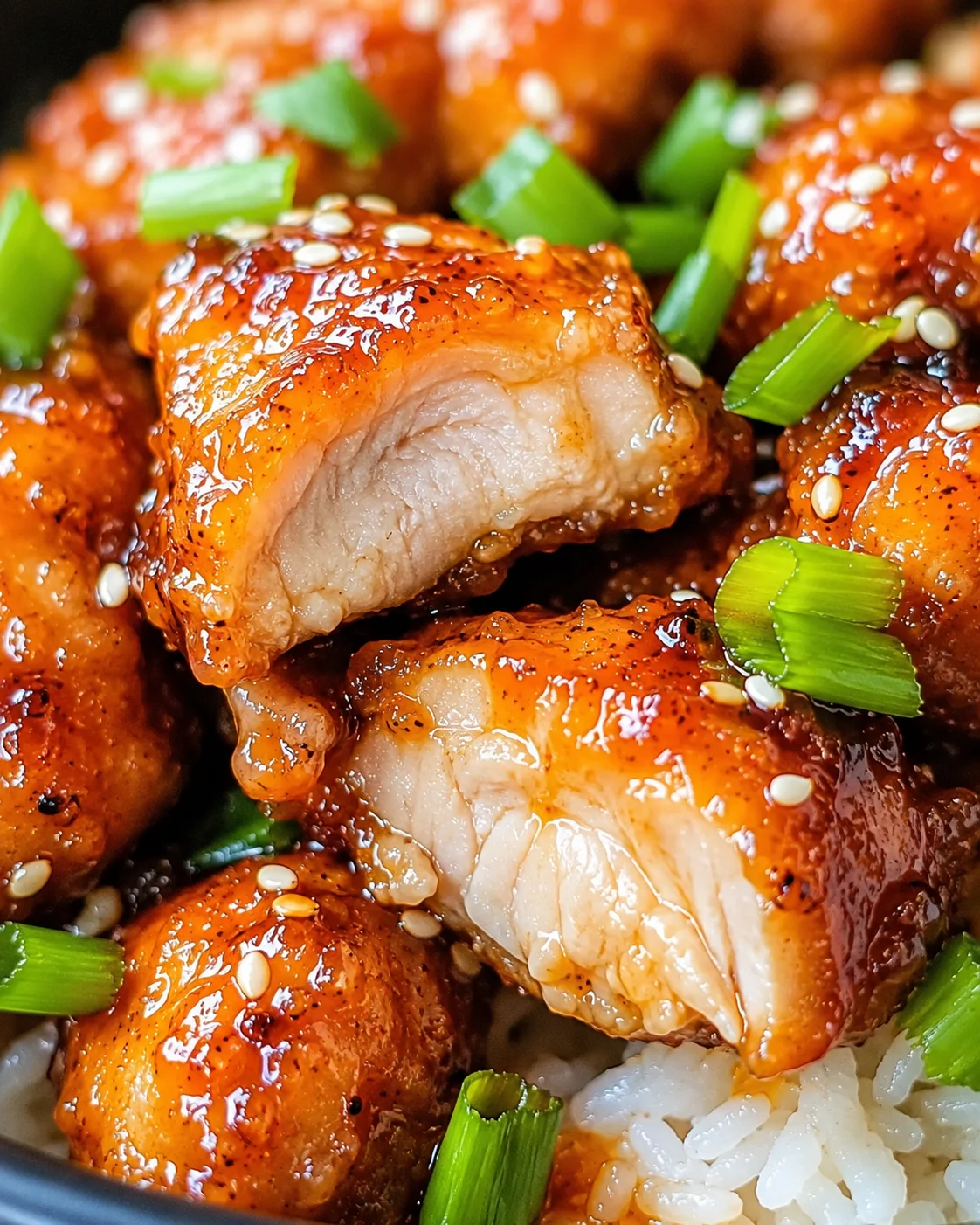 Juicy chicken thighs coated in bright, tangy orange glaze with green onion garnish.