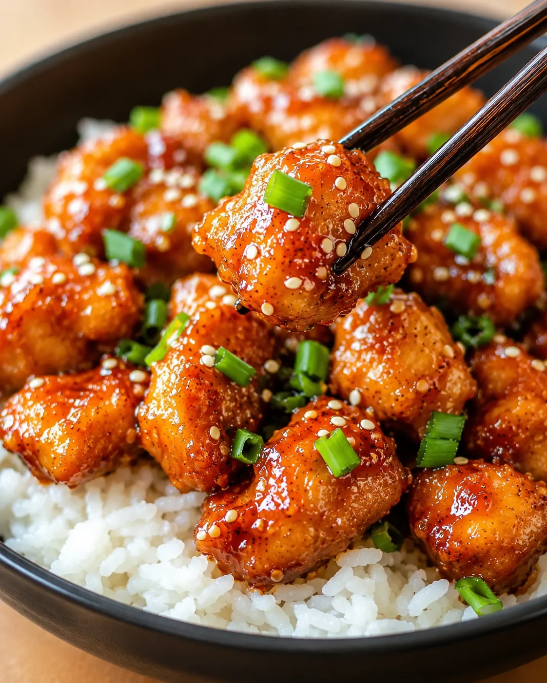Close-up of juicy orange glazed chicken pieces garnished with scallions