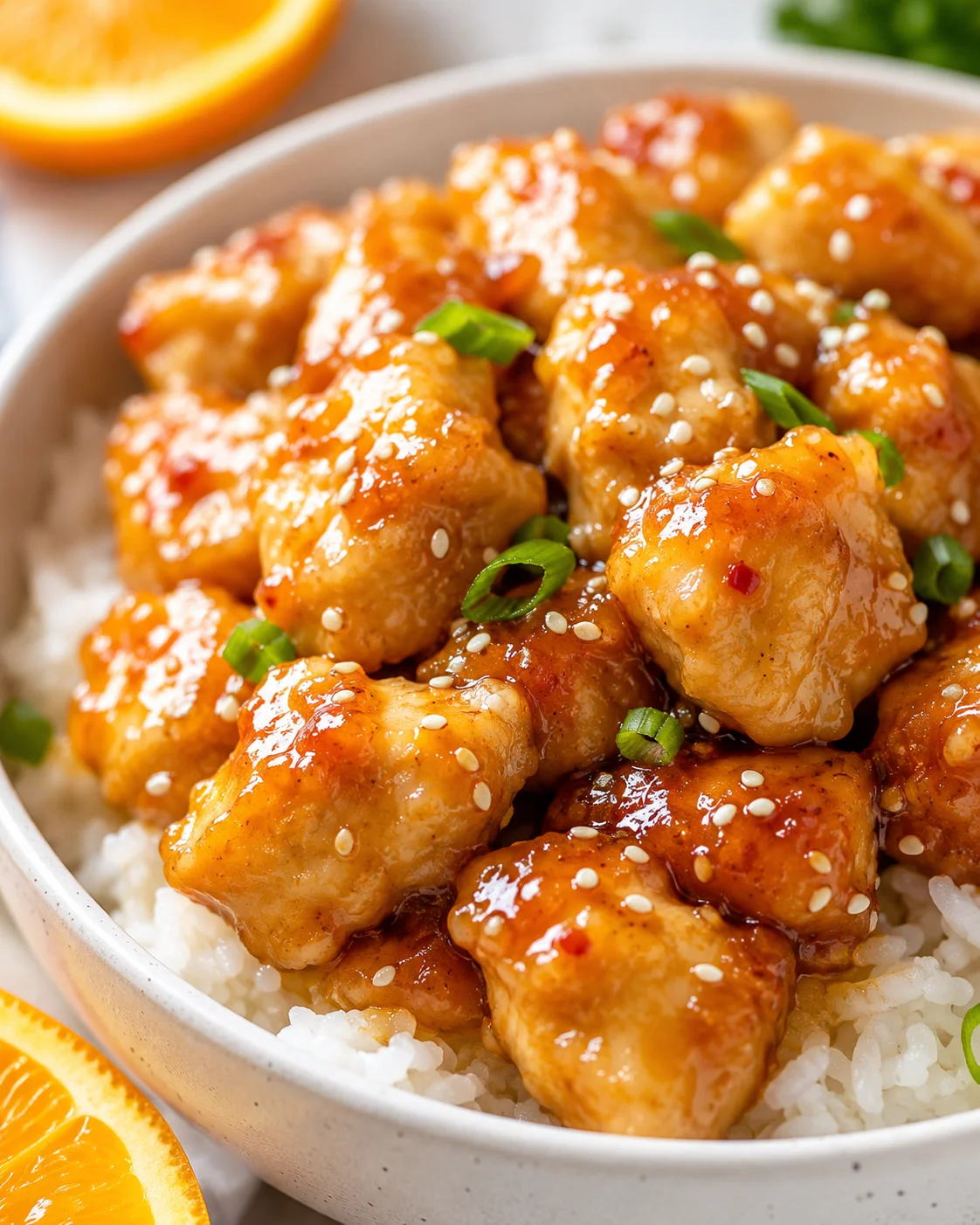 Delicious baked orange chicken glazed with tangy citrus sauce served over rice