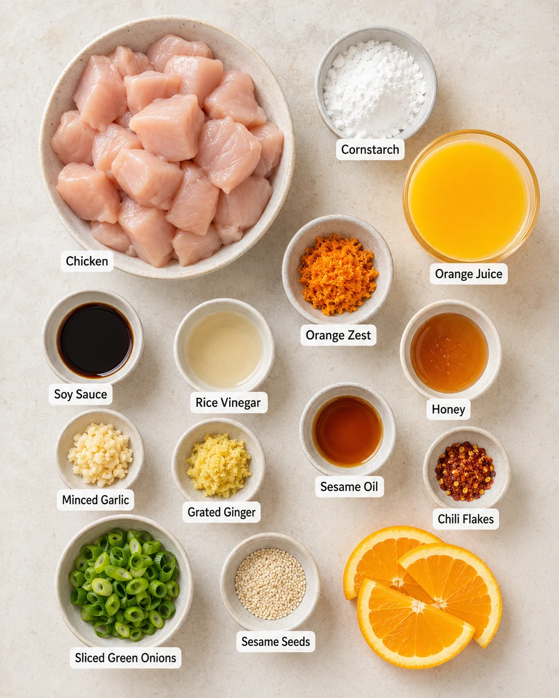 Raw chicken pieces, orange juice, zest, and ingredients for baked orange chicken.