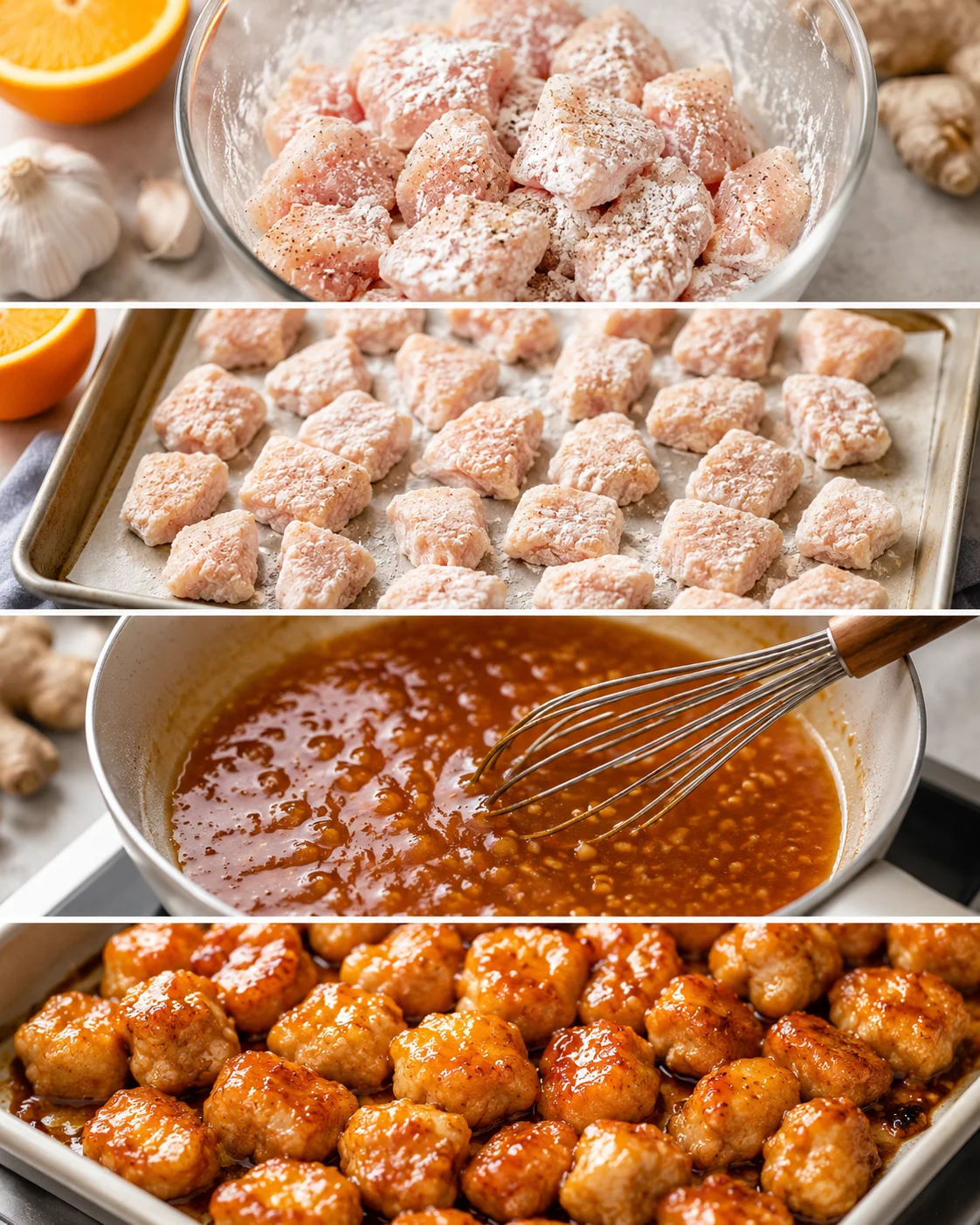 Step-by-step images of preparing baked orange chicken with sauce and cooked chicken.