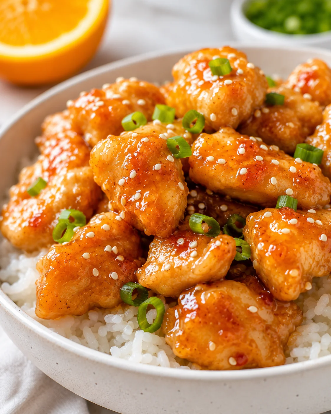 Delicious baked orange chicken served over rice with green onions and sesame seeds