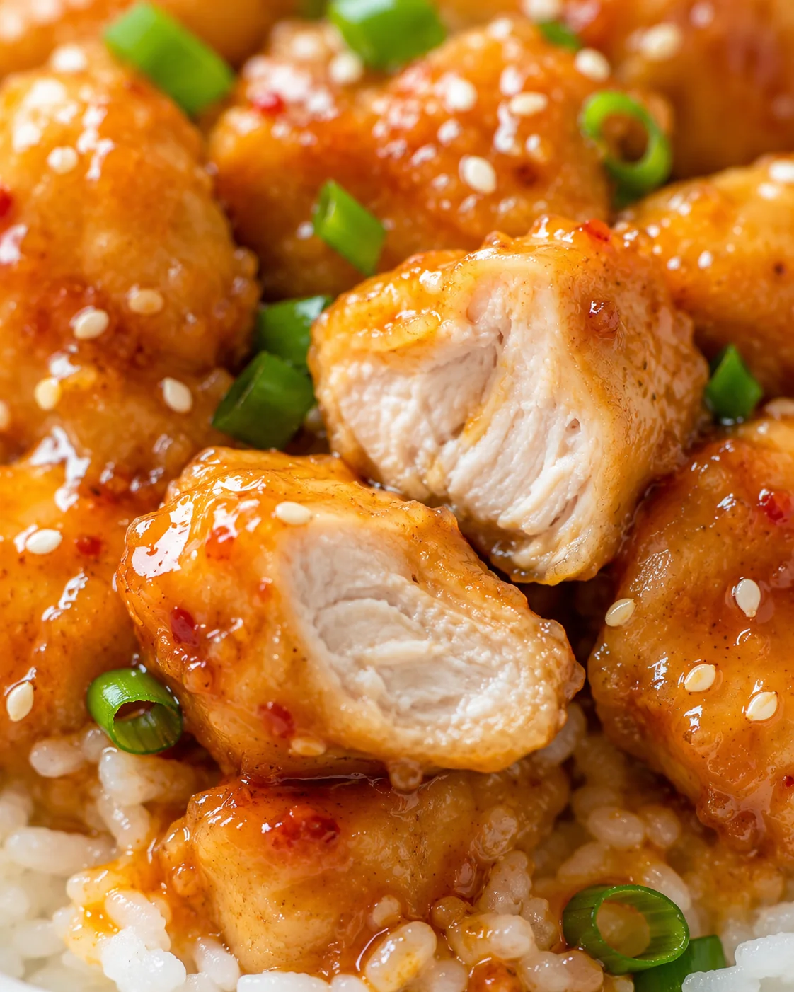 Close-up of baked orange chicken pieces garnished with green onions and sesame seeds.