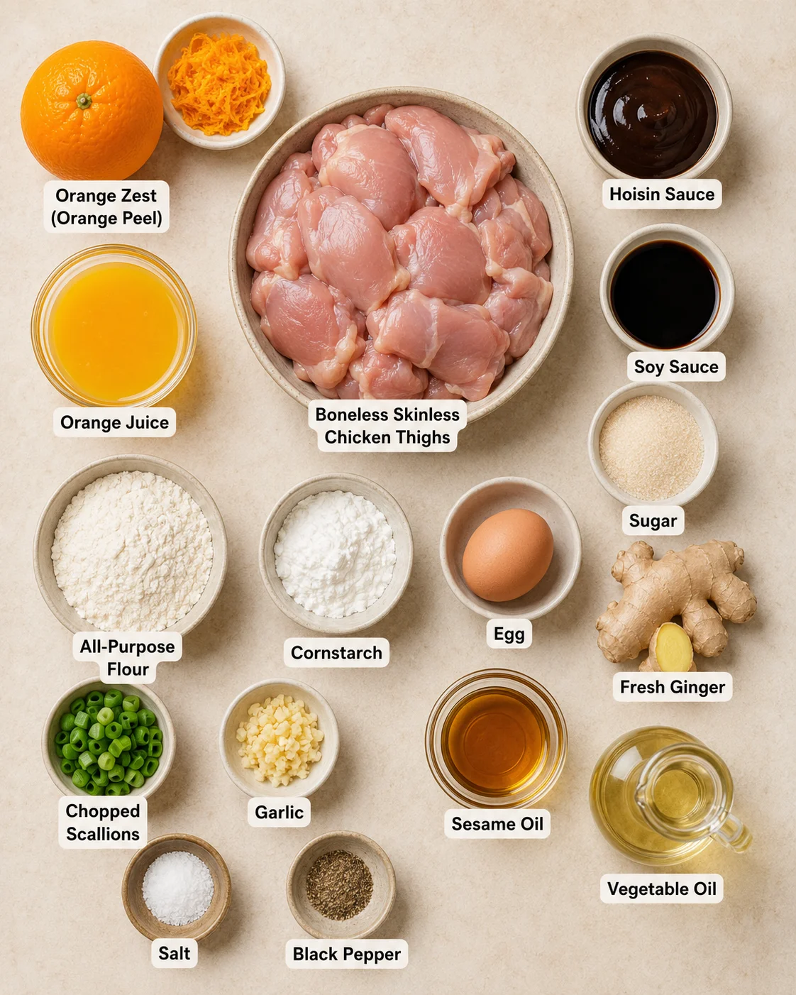 Collection of ingredients including chicken, orange peel, sauces, and spices for orange chicken.