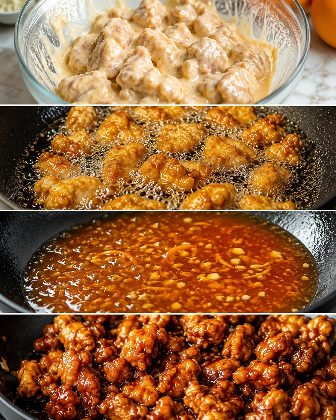 Step-by-step photos of crispy chicken being coated in tangy orange sauce.