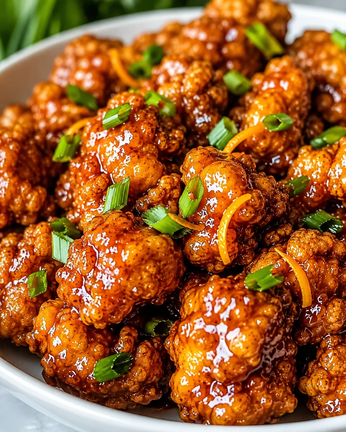 Close-up of crispy orange chicken garnished with green onions and orange zest.