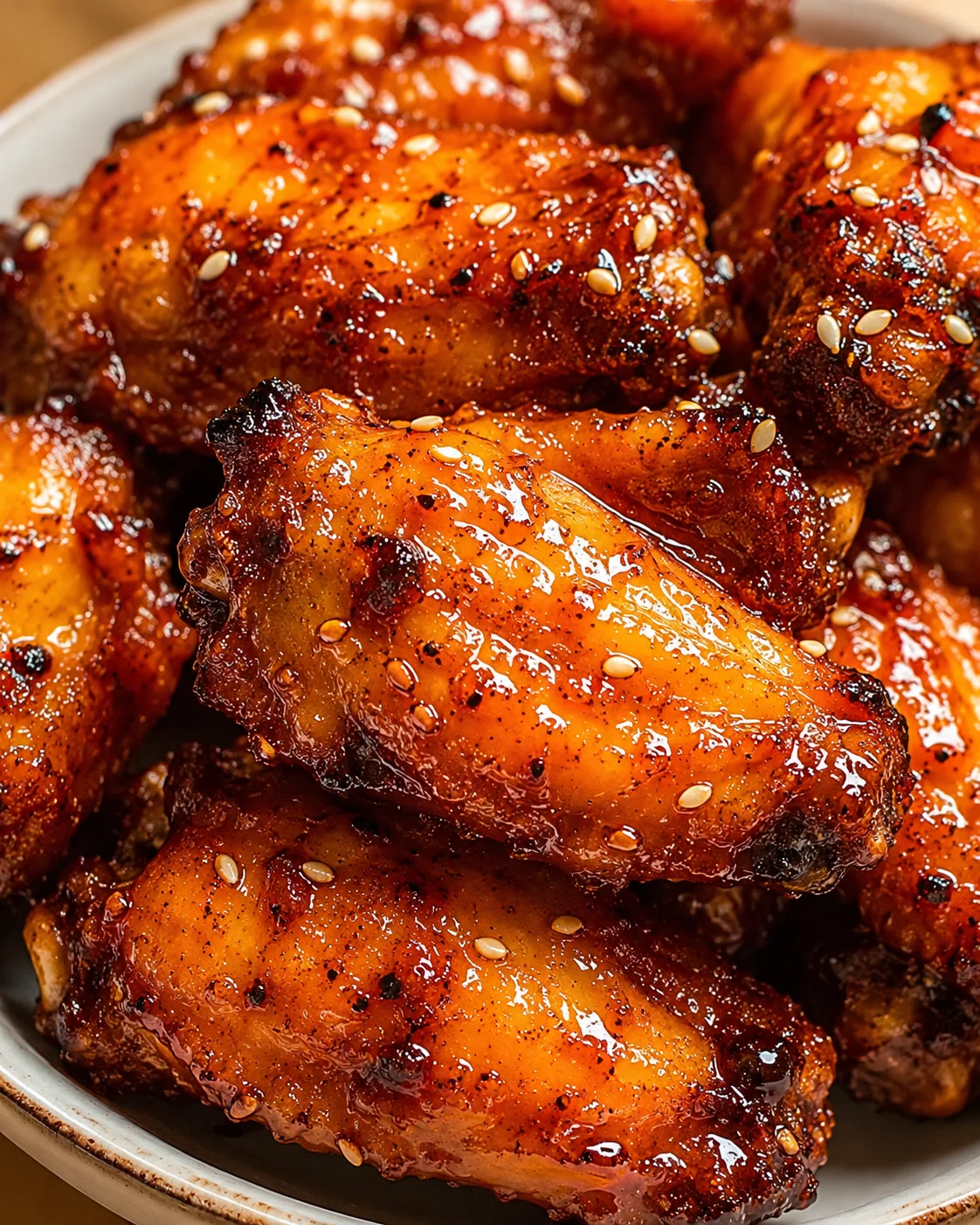Crispy glazed chicken wings coated in orange and sriracha sauce with sesame seeds.