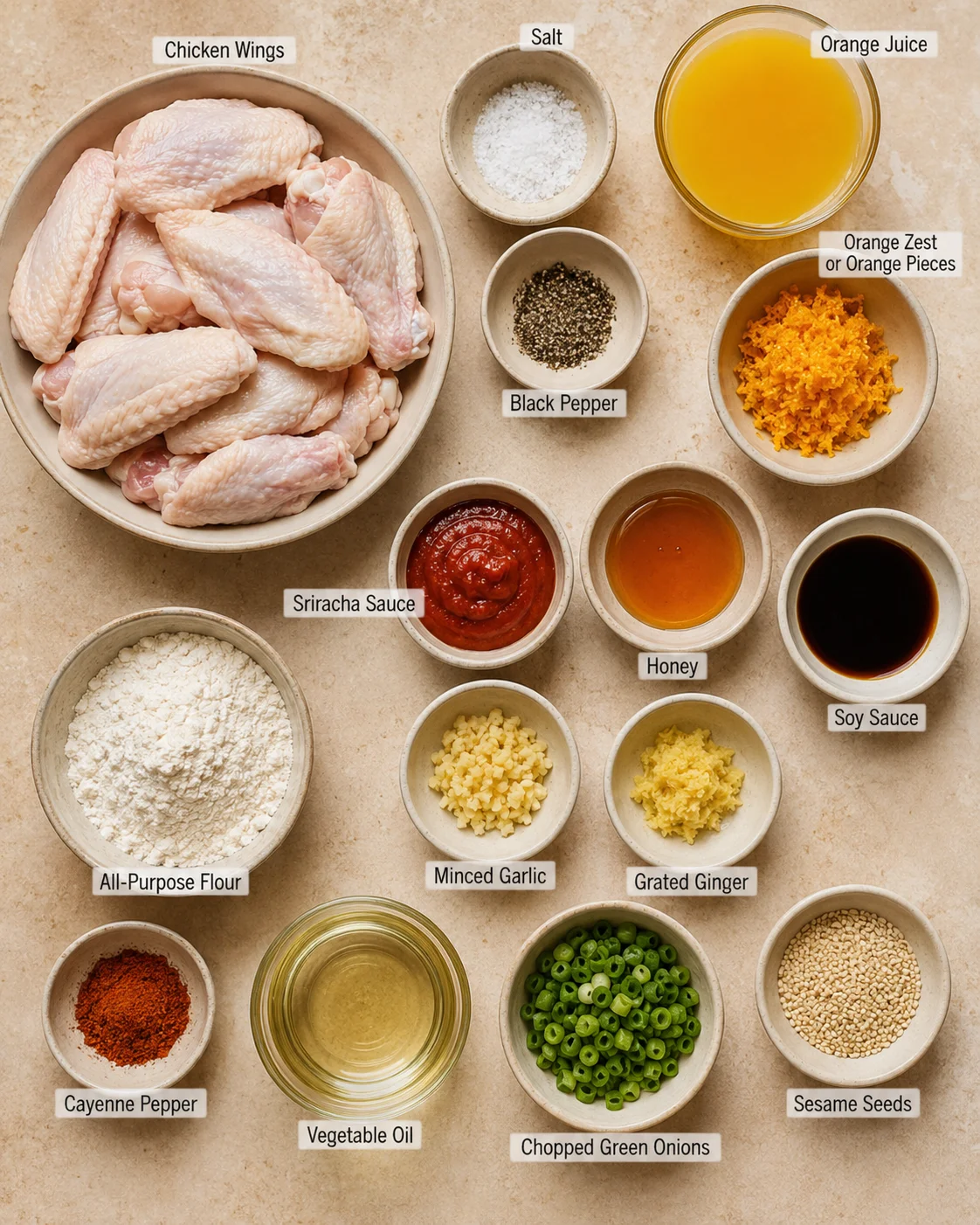 Ingredients for crispy spicy orange chicken wings with sauces and spices