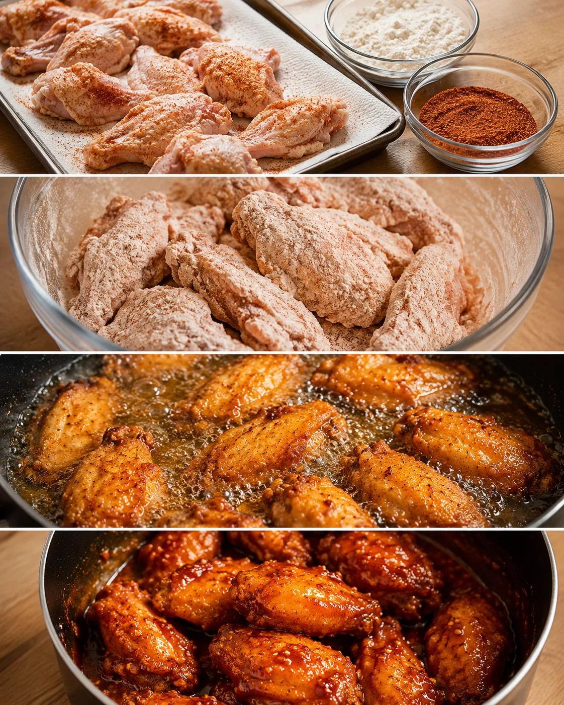 Raw chicken wings coated in flour, then fried and glazed in orange-sriracha sauce.