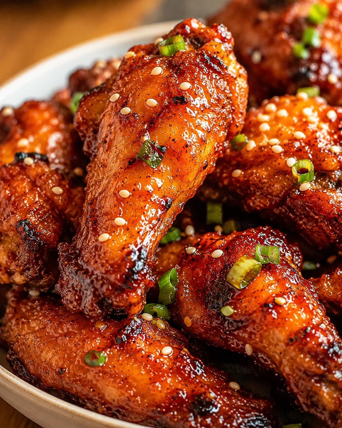 Close-up of crispy glazed spicy orange chicken wings garnished with green onions and sesame seeds.