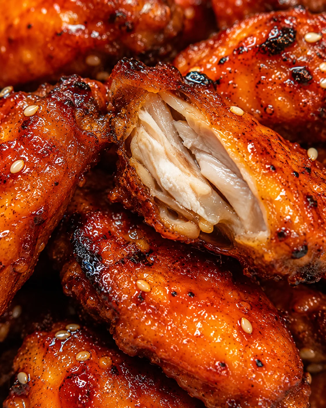 Crispy glazed chicken wings coated in orange and sriracha sauce with sesame seeds