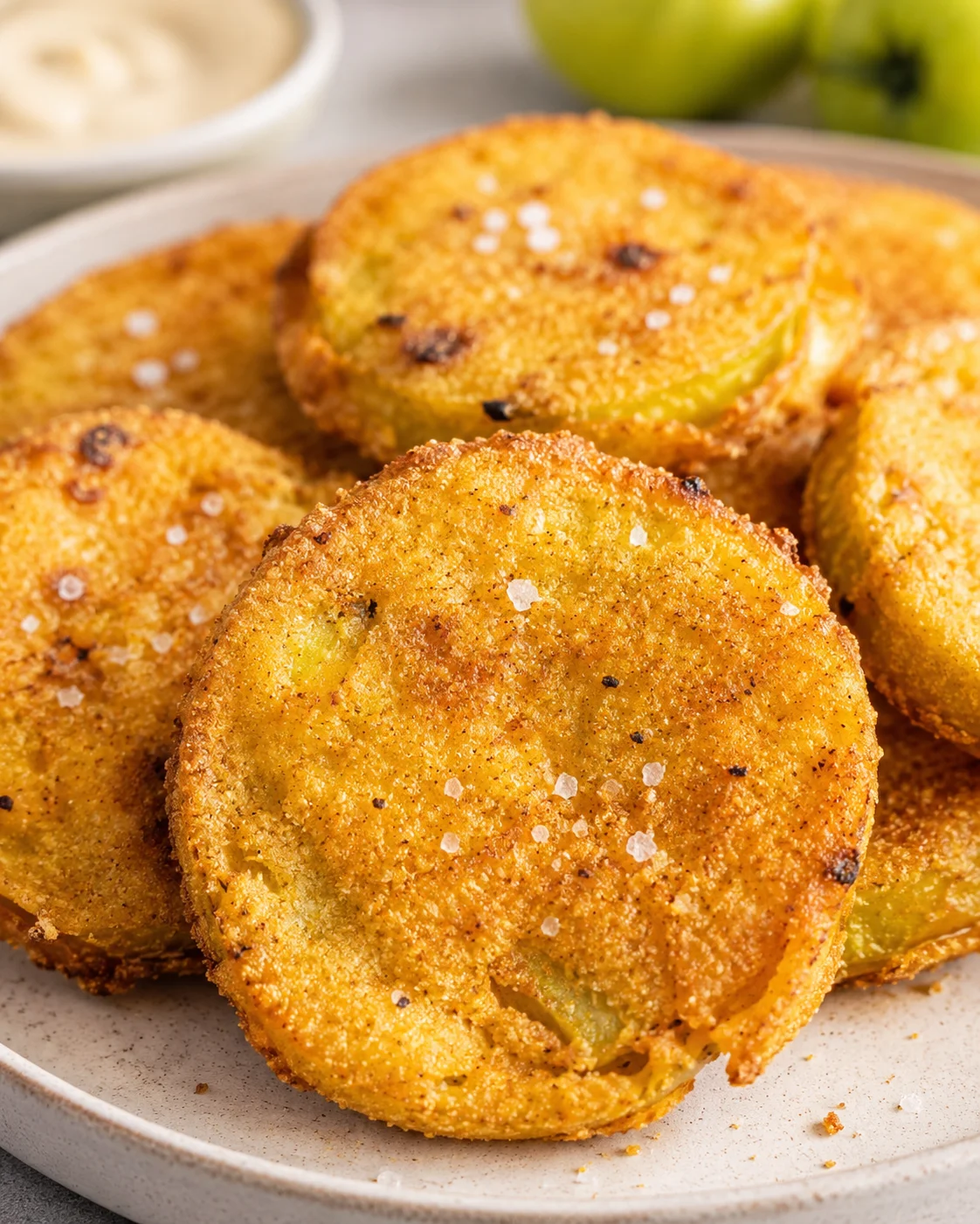 Crispy, golden-brown fried green tomatoes on a plate with salt