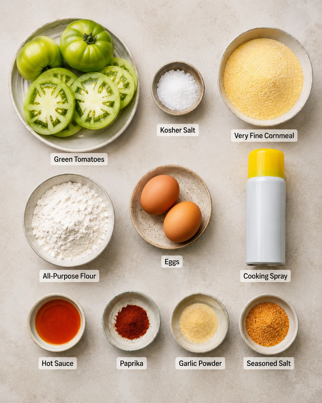 Fresh green tomatoes with spices and coating ingredients for frying in air fryer