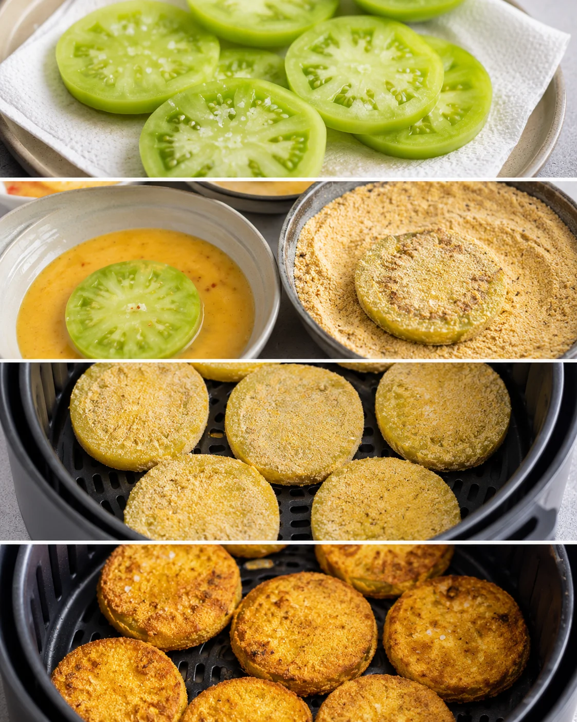 Golden, crispy green tomatoes prepared in an air fryer for Southern style snack.