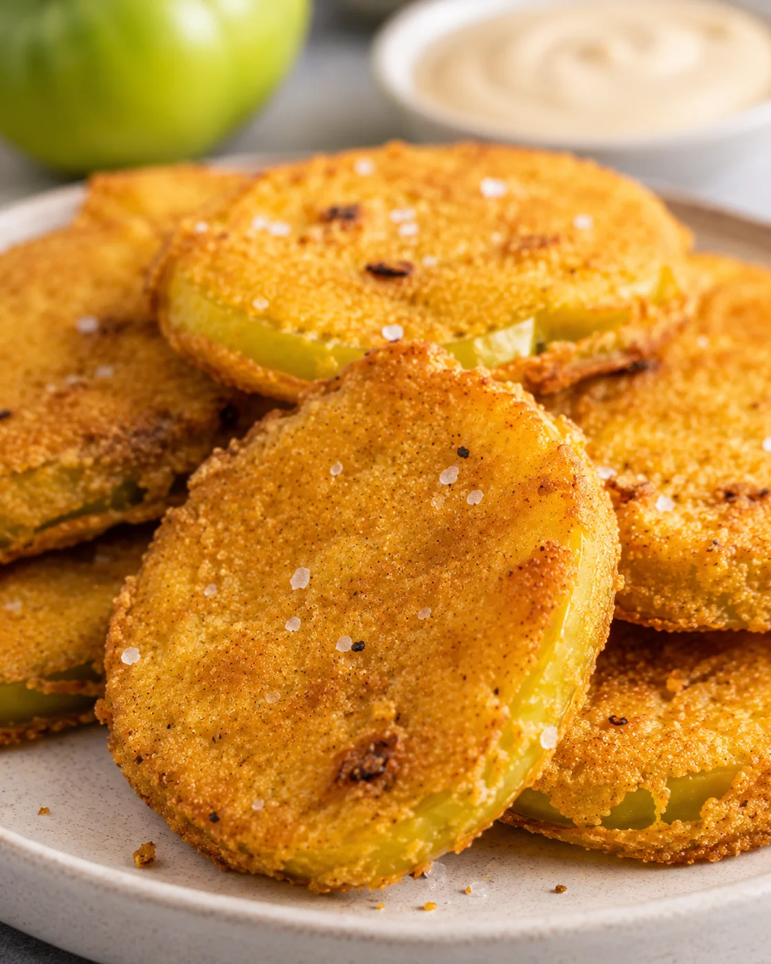 Crispy, golden fried green tomatoes on a white plate with salt