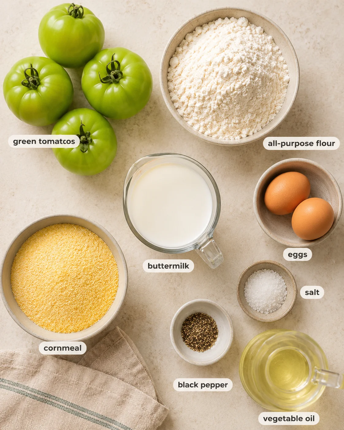 Green tomatoes and ingredients for fried green tomatoes recipe arranged on a countertop