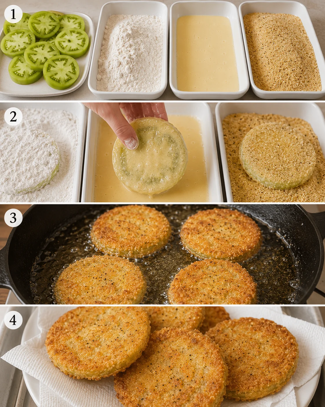 Crispy fried green tomatoes being breaded and cooked in hot oil.