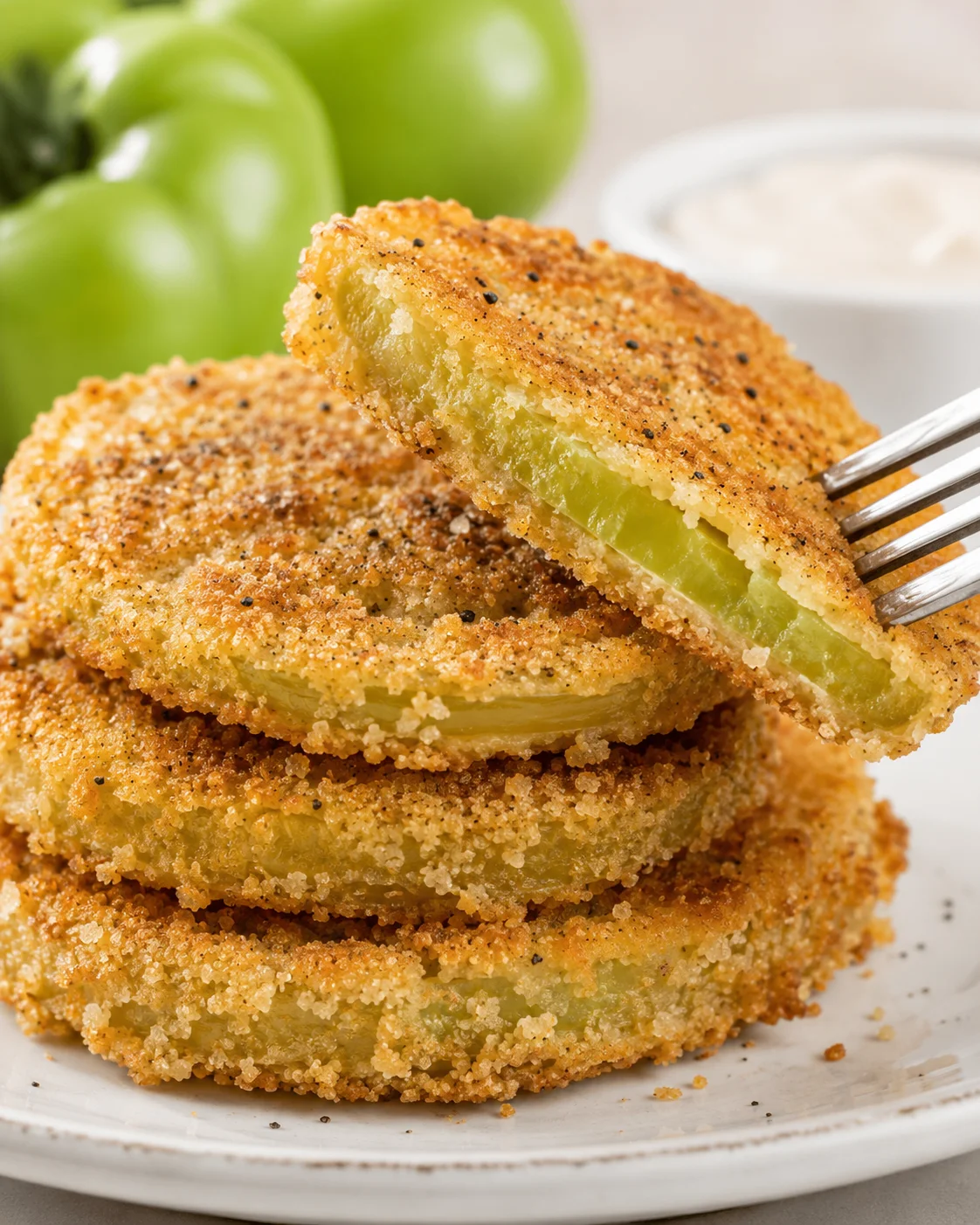 Crispy fried green tomatoes stacked on a plate with a fork.