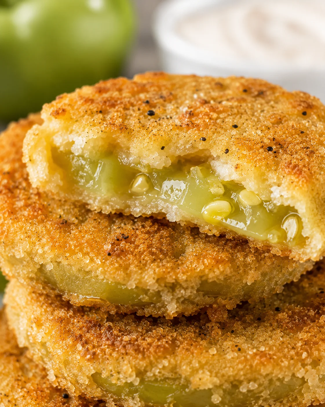 Close-up of golden fried green tomatoes filled with tangy green interior.