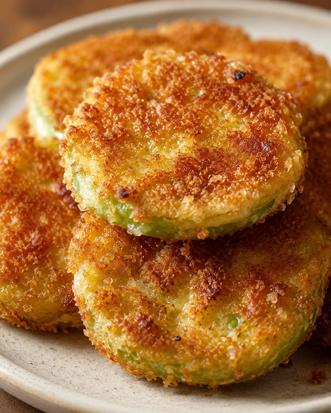 Golden, crispy fried green tomatoes with a tangy interior on a plate.