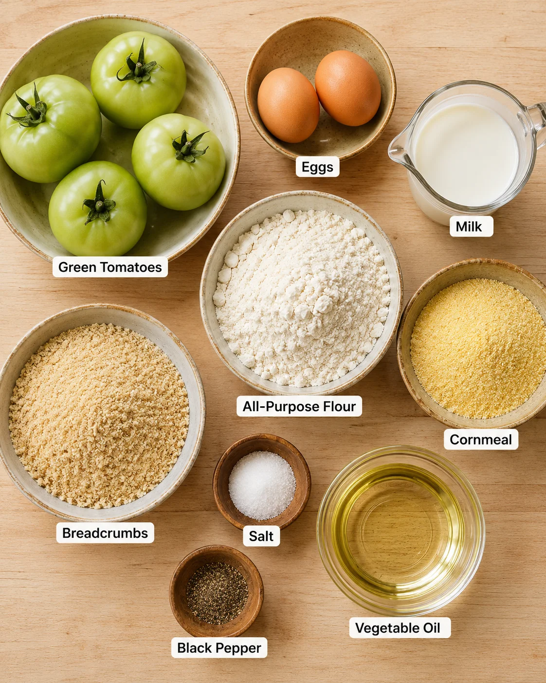 Bowl of fresh green tomatoes and ingredients for frying crispy green tomatoes.