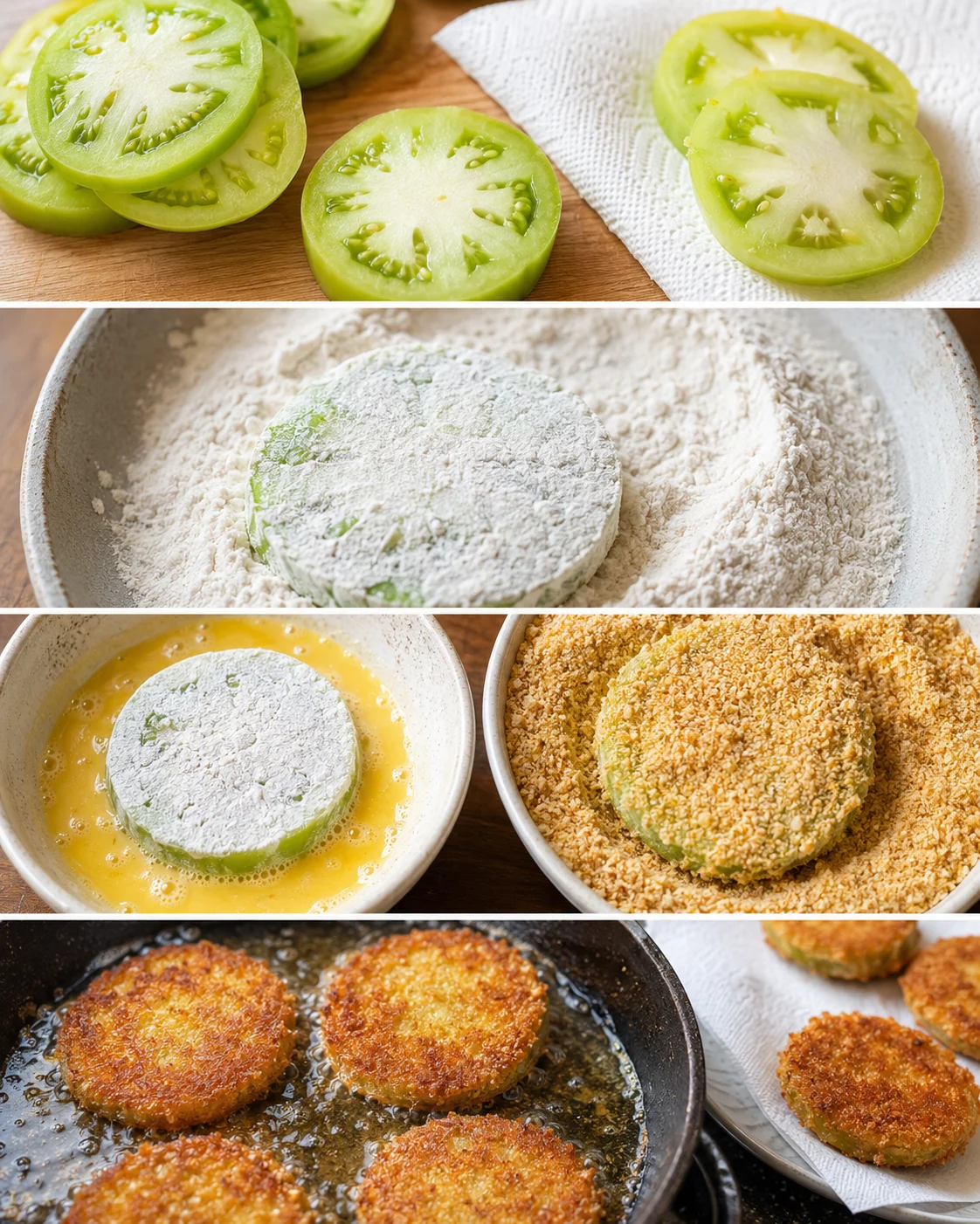 Slices of unripe green tomatoes coated in cornmeal for frying.