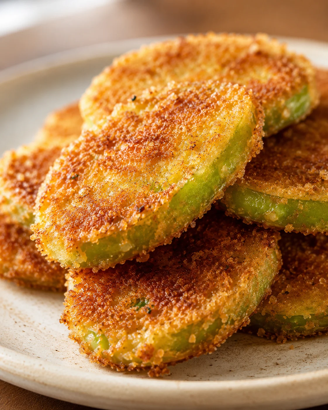 Golden, crispy fried green tomatoes with a seasoned cornmeal coating.