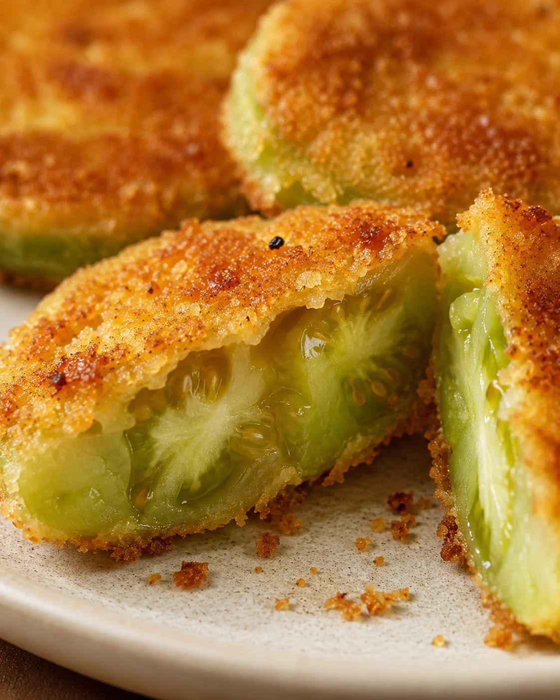 Golden brown fried green tomatoes with crispy coating and tender interior.