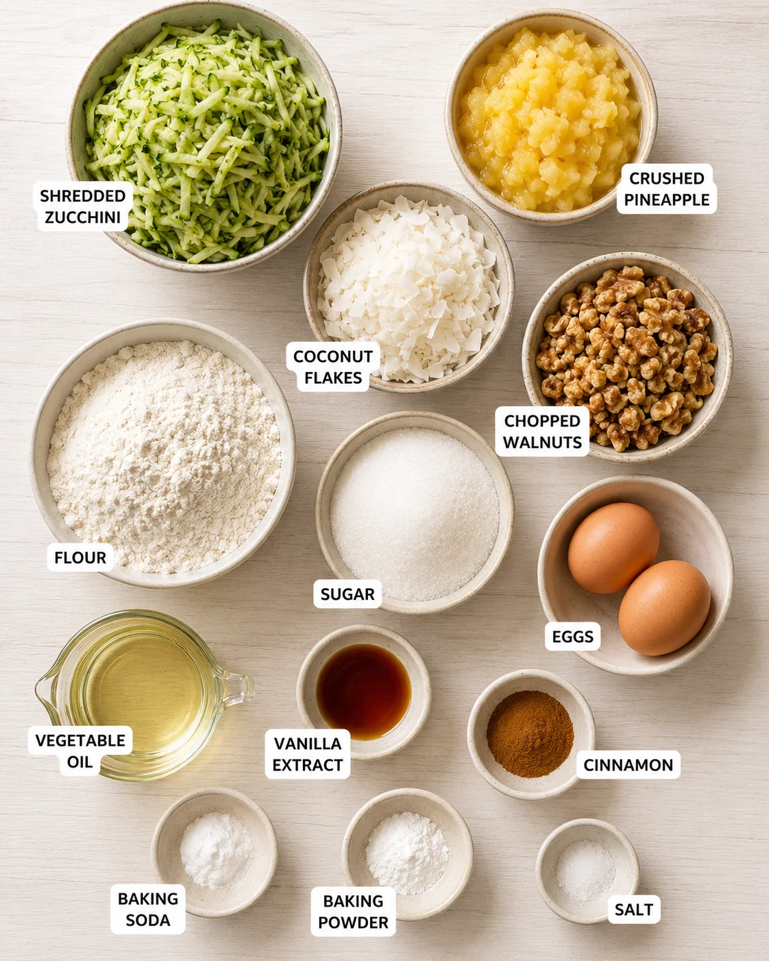 Ingredients for pineapple coconut zucchini bread with shredded zucchini and crushed pineapple.