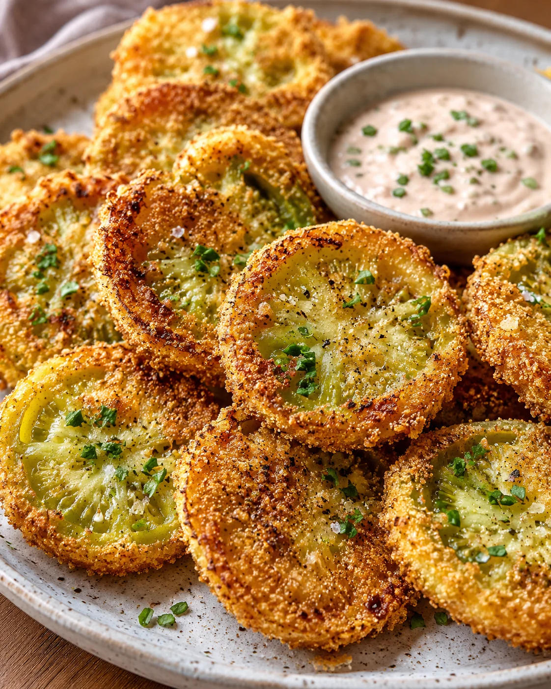 Golden, crispy green tomatoes with a tangy dipping sauce on a plate.