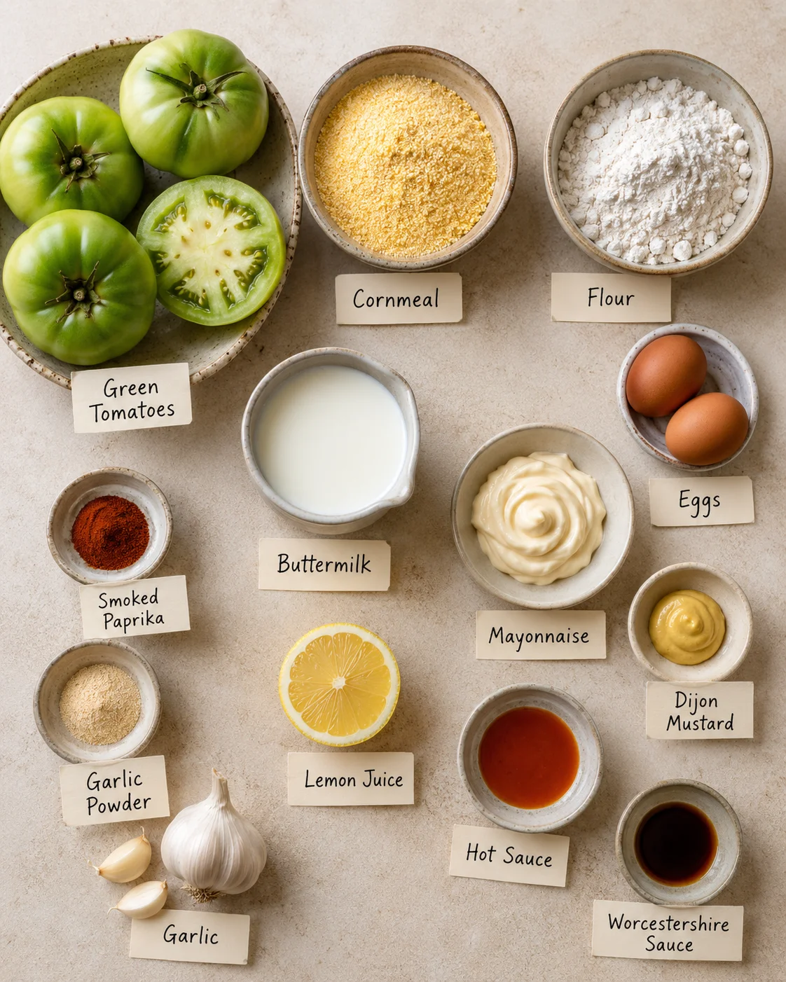 Fresh green tomatoes and various ingredients for frying and sauce preparation.