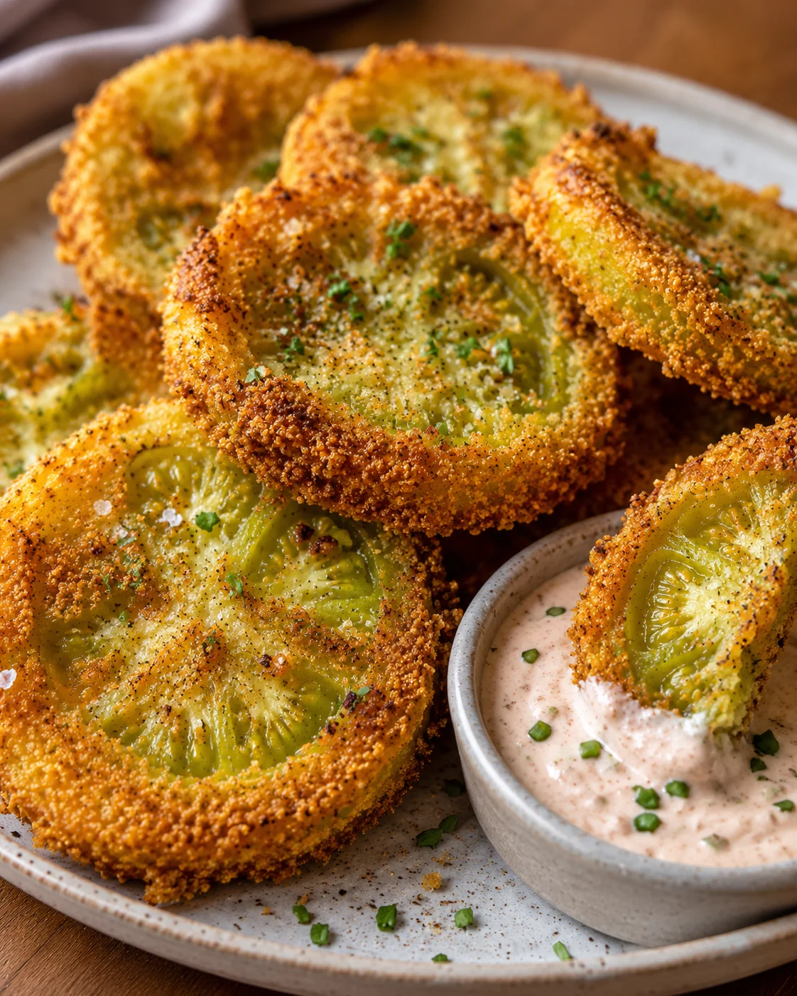 Golden, crispy fried green tomatoes on a plate with dipping sauce.