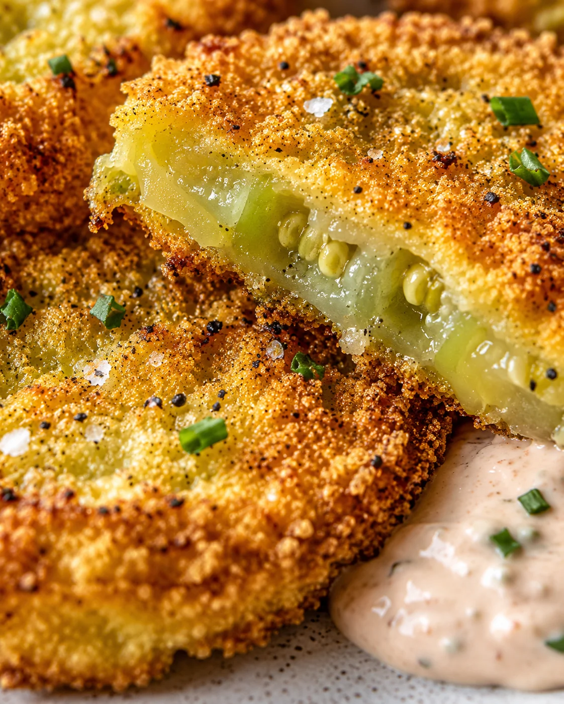 Golden crispy fried green tomatoes with tangy remoulade sauce on side