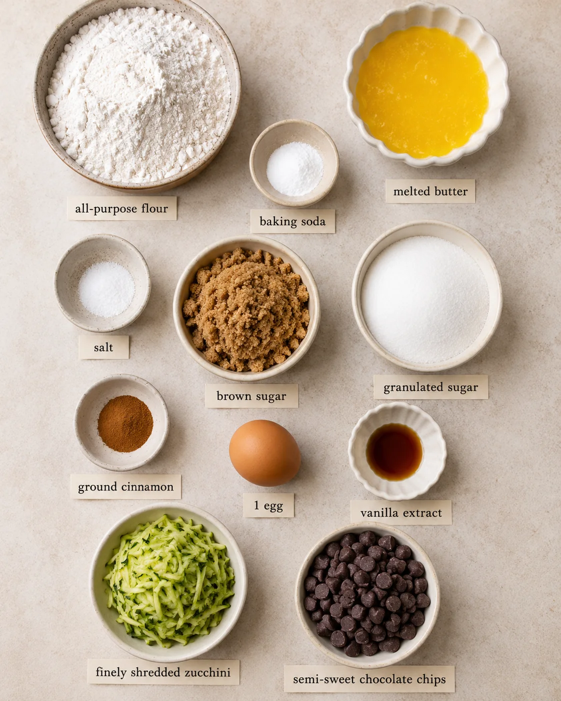 Ingredients for chocolate chip zucchini cookie bars displayed on a neutral surface.