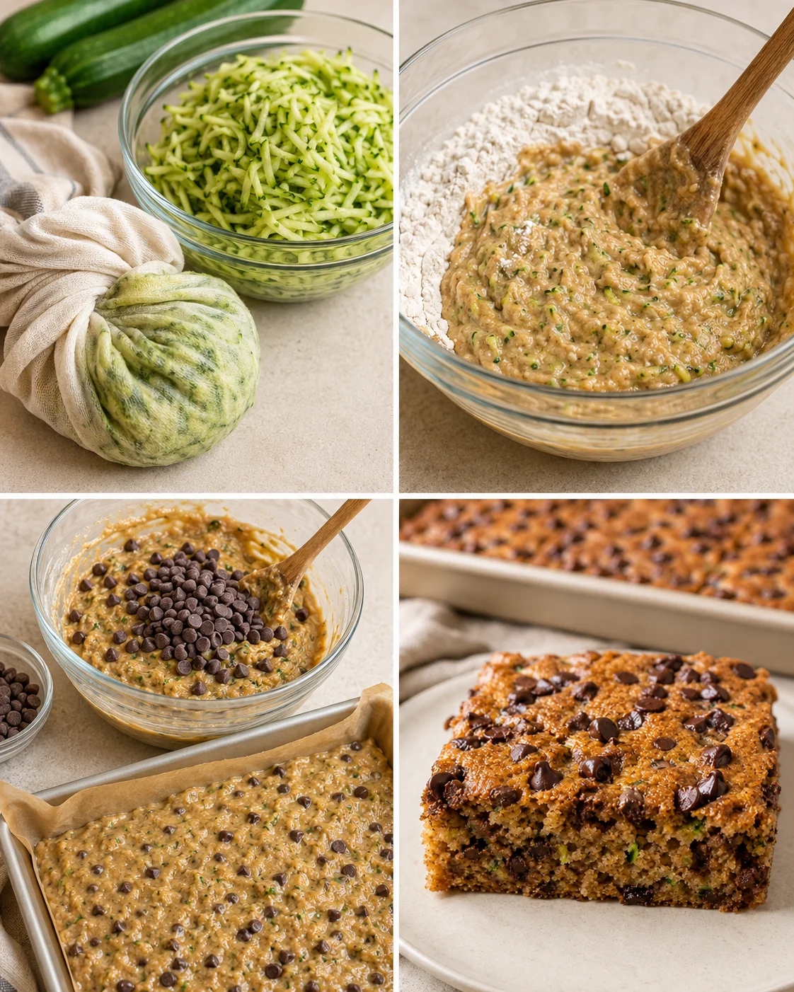 Delicious chocolate chip zucchini cookie bars with melting chocolate chips.