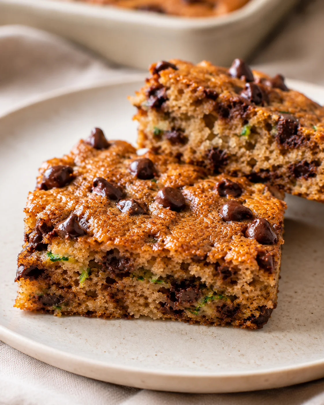 Close-up of moist, chewy chocolate chip zucchini cookie bars with chocolate chips on top.