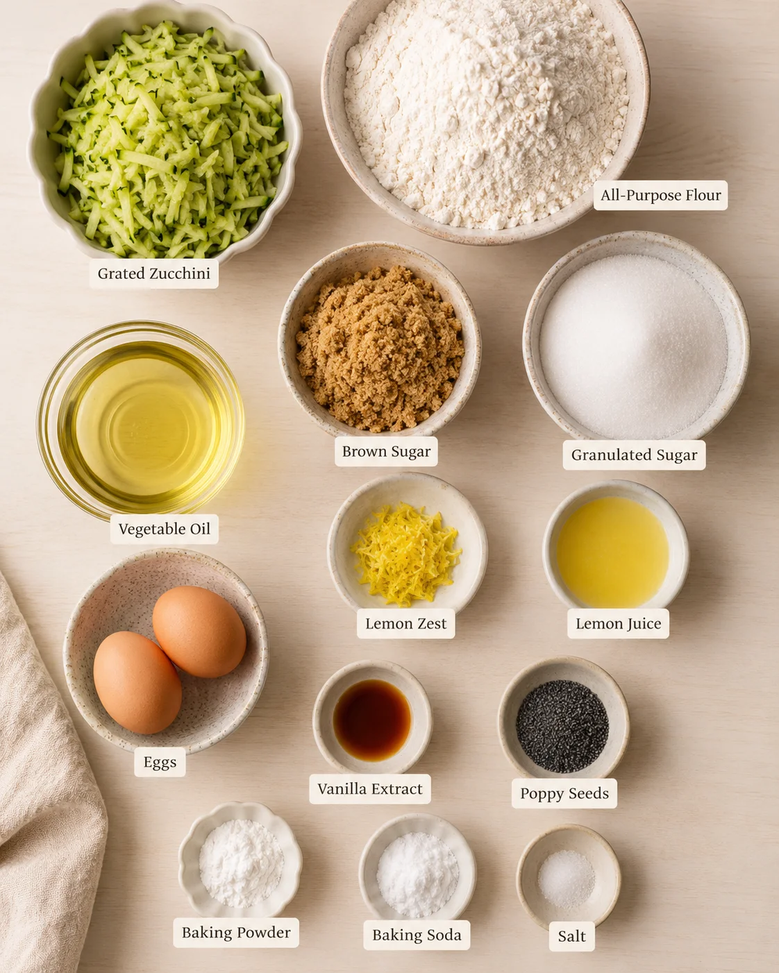 Ingredients for lemon zucchini bread with poppy seeds on a wooden surface.