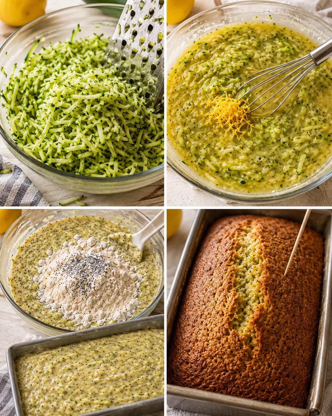 Bright lemon zucchini bread with poppy seeds and grated zucchini in a baking pan