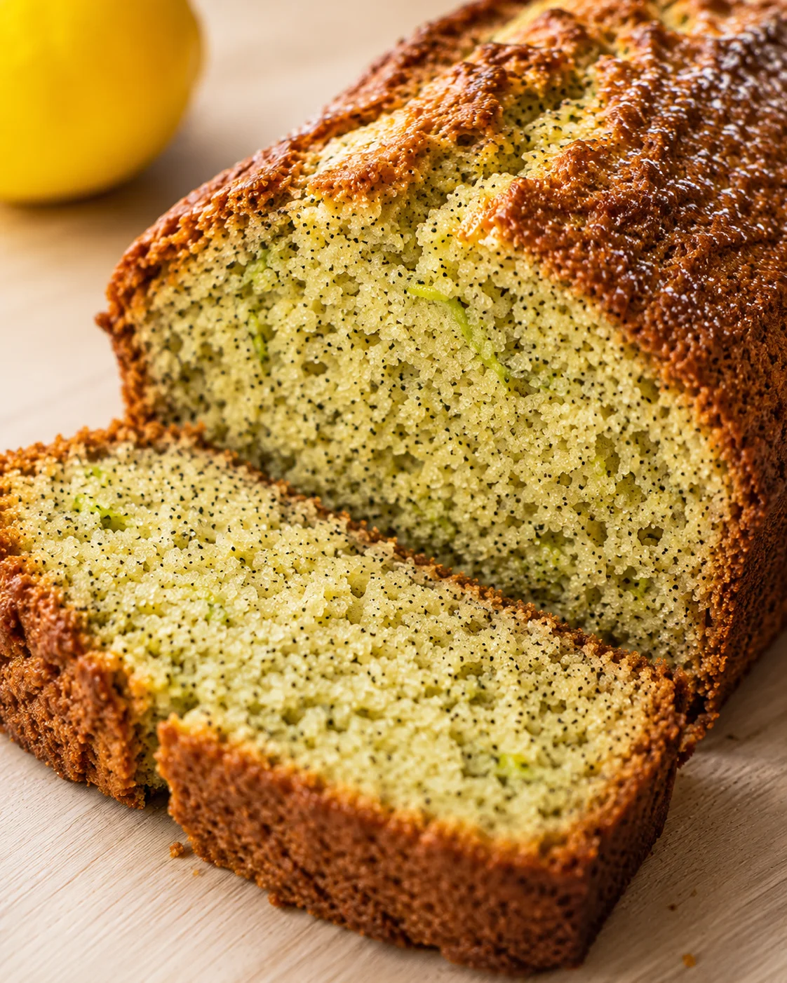 A slice of moist lemon zucchini bread sprinkled with poppy seeds and a whole loaf in the background