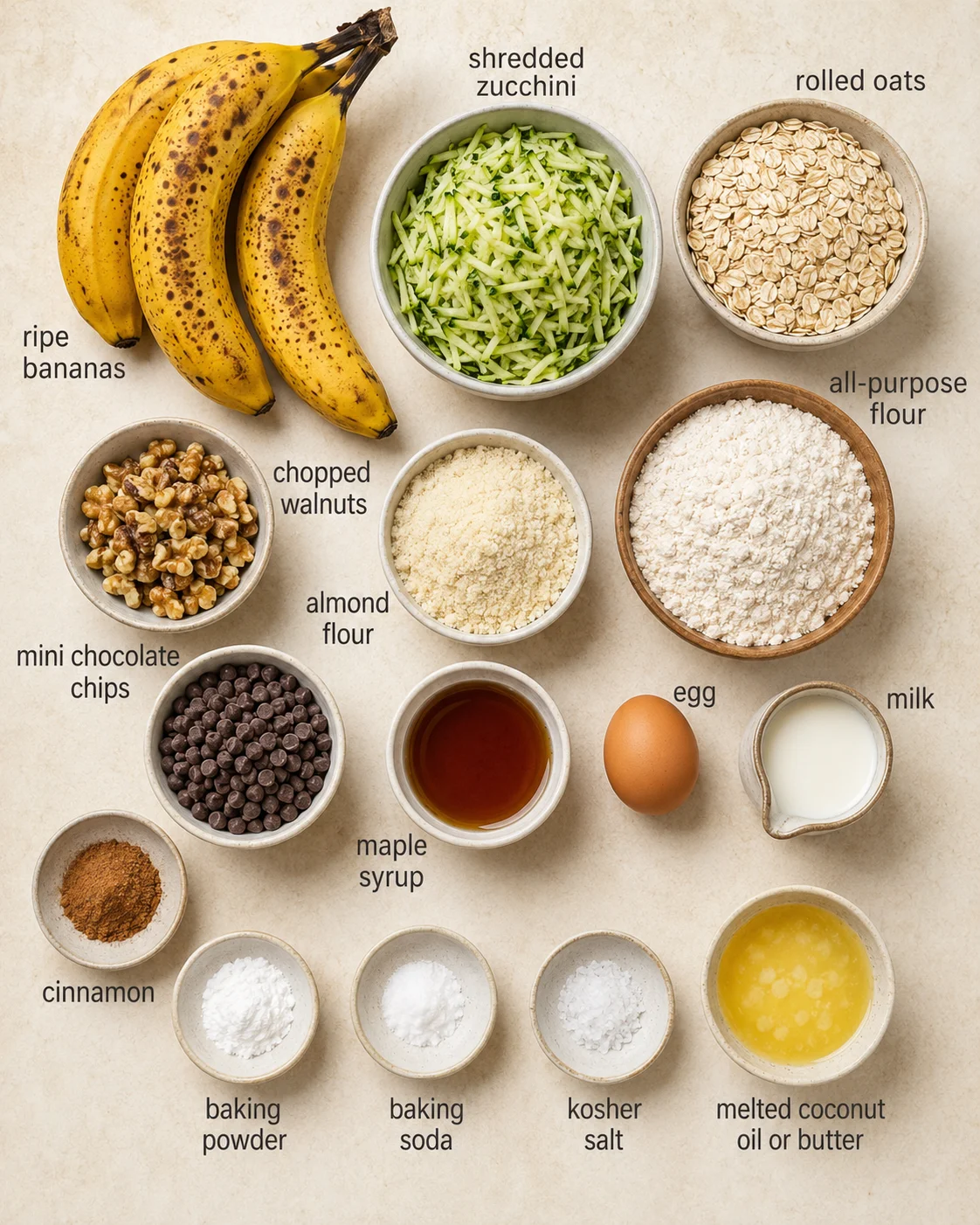 Array of ingredients including bananas, zucchini, oats, walnuts, and chocolate chips for muffins