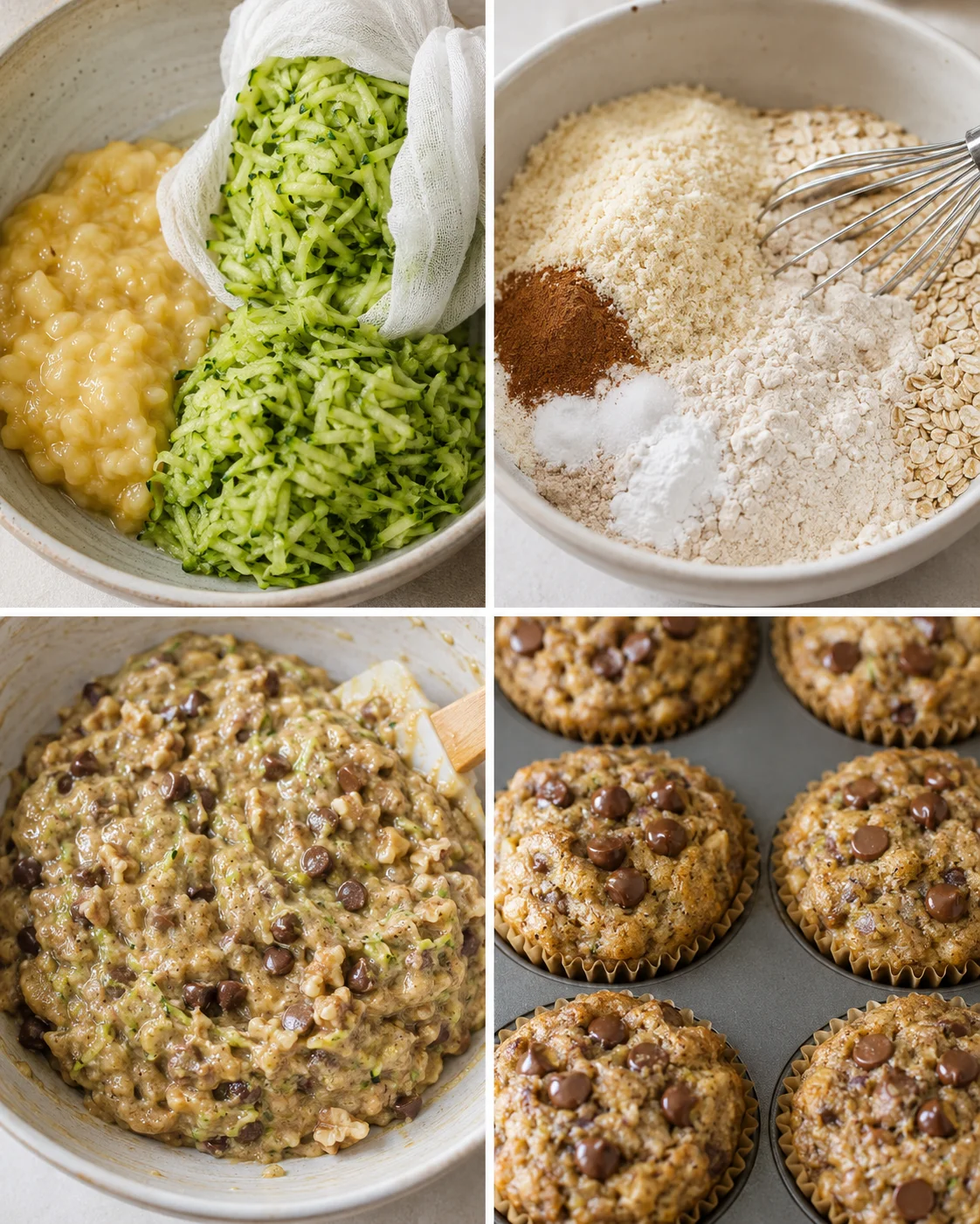 Delicious zucchini banana muffins topped with chocolate chips cooling on a tray