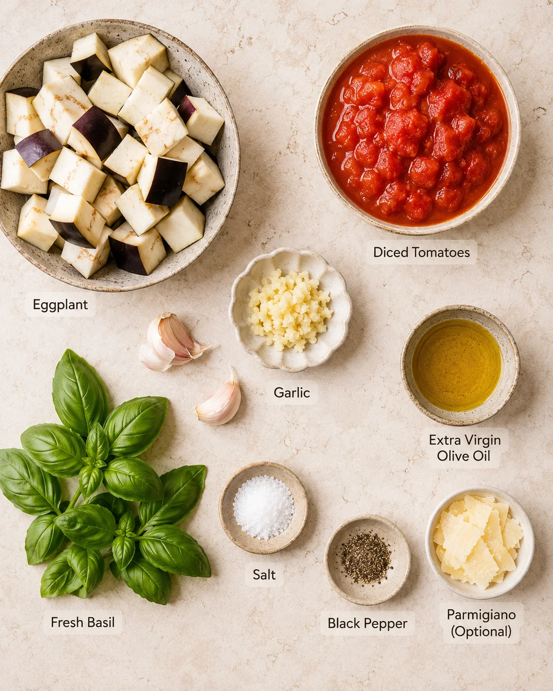 Fresh eggplant, diced tomatoes, garlic, and basil for a classic Italian dish